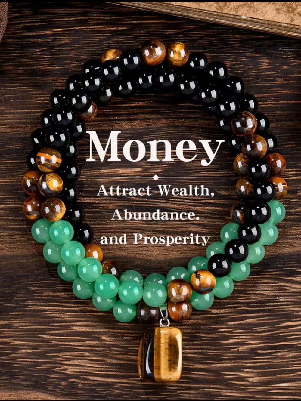 Money Attraction Beaded Bracelet Set in Green, Black & Brown